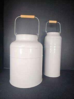 Vintage Pair Of Light Gray Ikea Socker Metal Milk Can Vases With Wooden Handles
